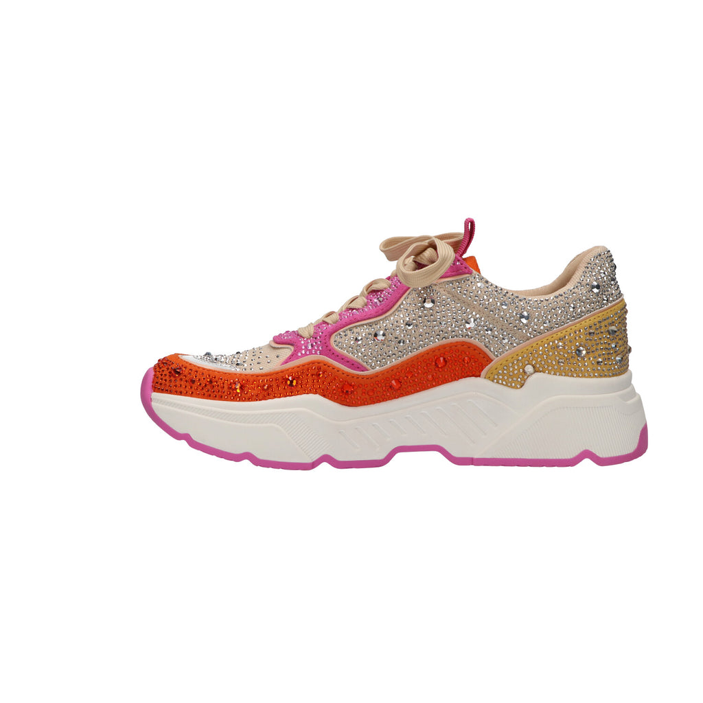 Sneaker met steentjes oranje roze textiel