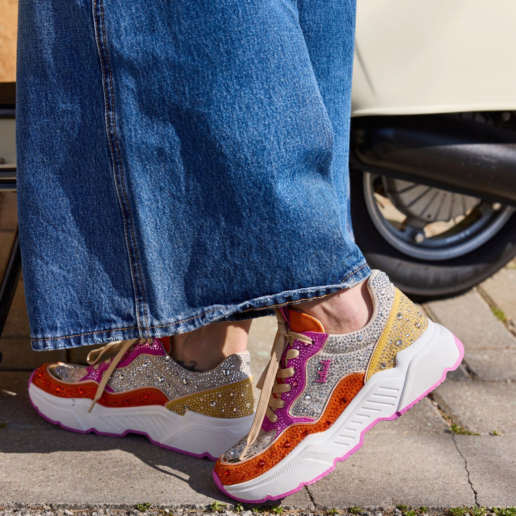 Sneaker met steentjes oranje roze textiel