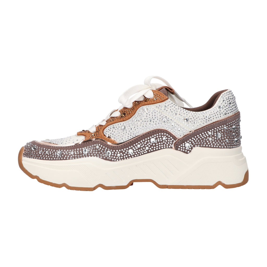 Sneaker met steentjes taupe textiel