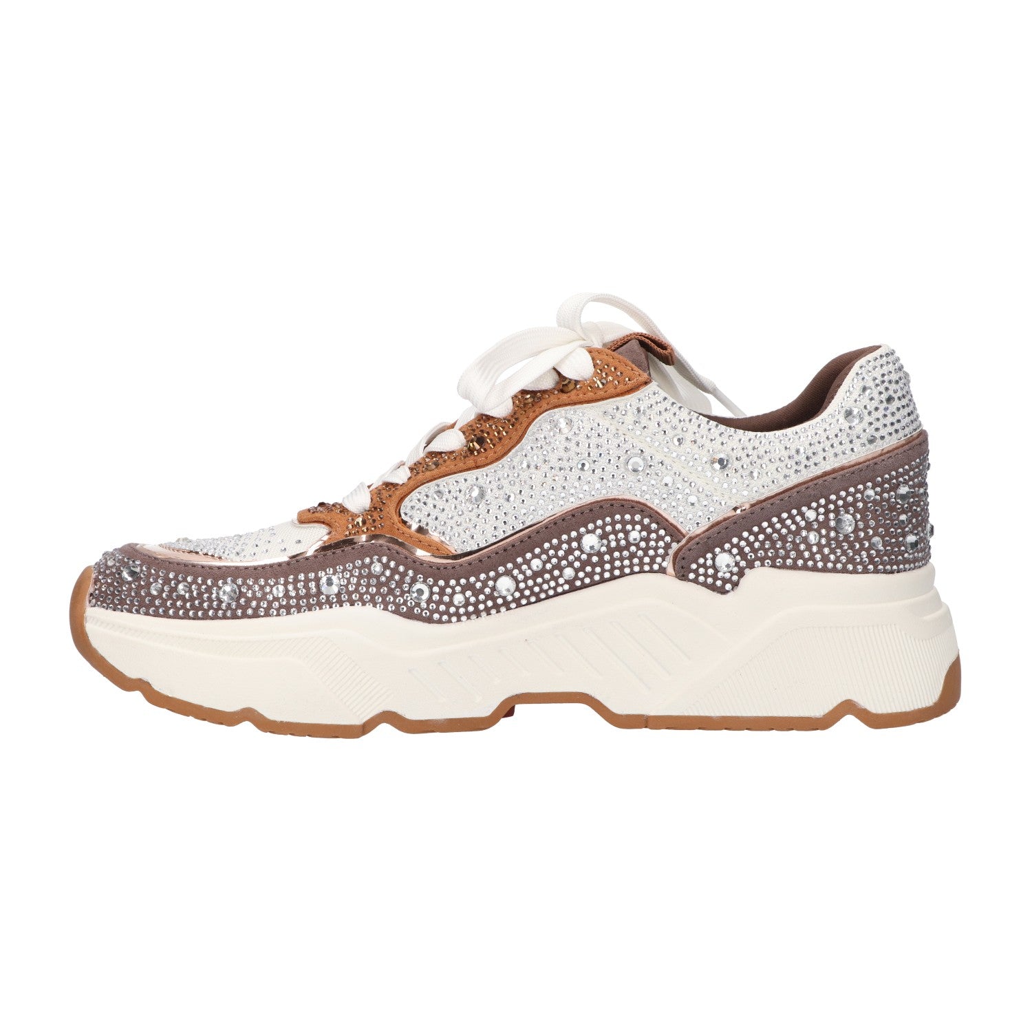 Sneaker met steentjes taupe textiel