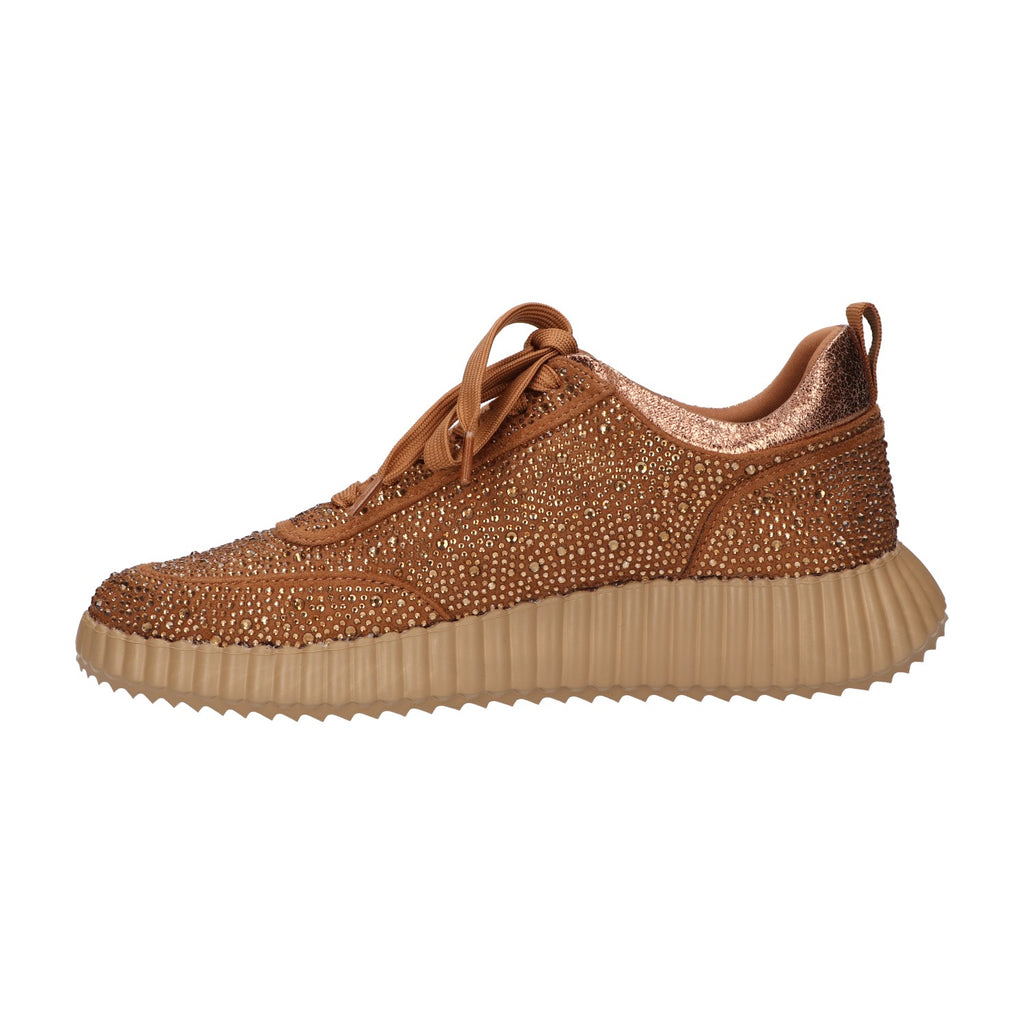 Sneaker met steentjes bruin textiel