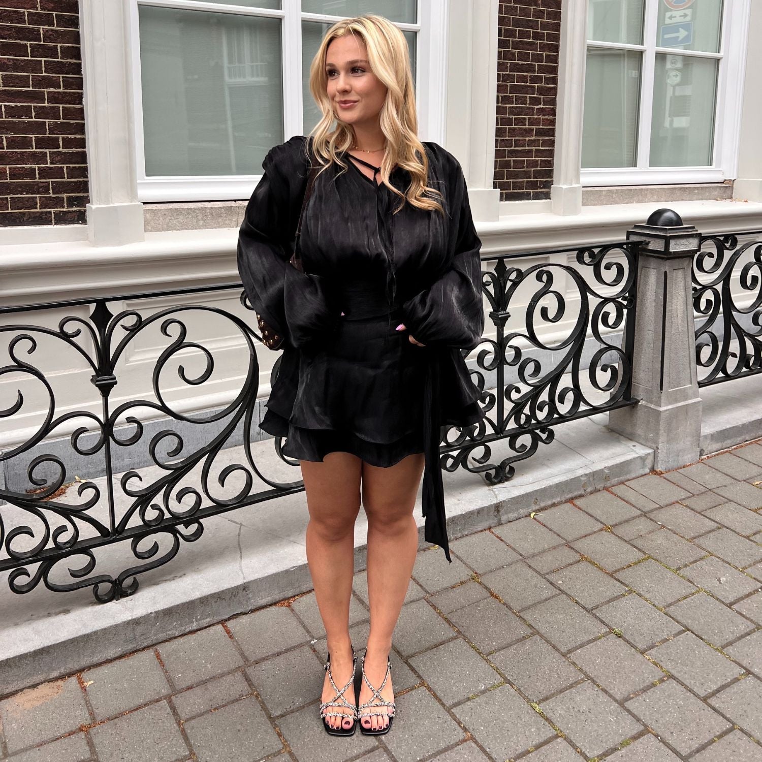 Zwarte strass sandaletten met blokhak