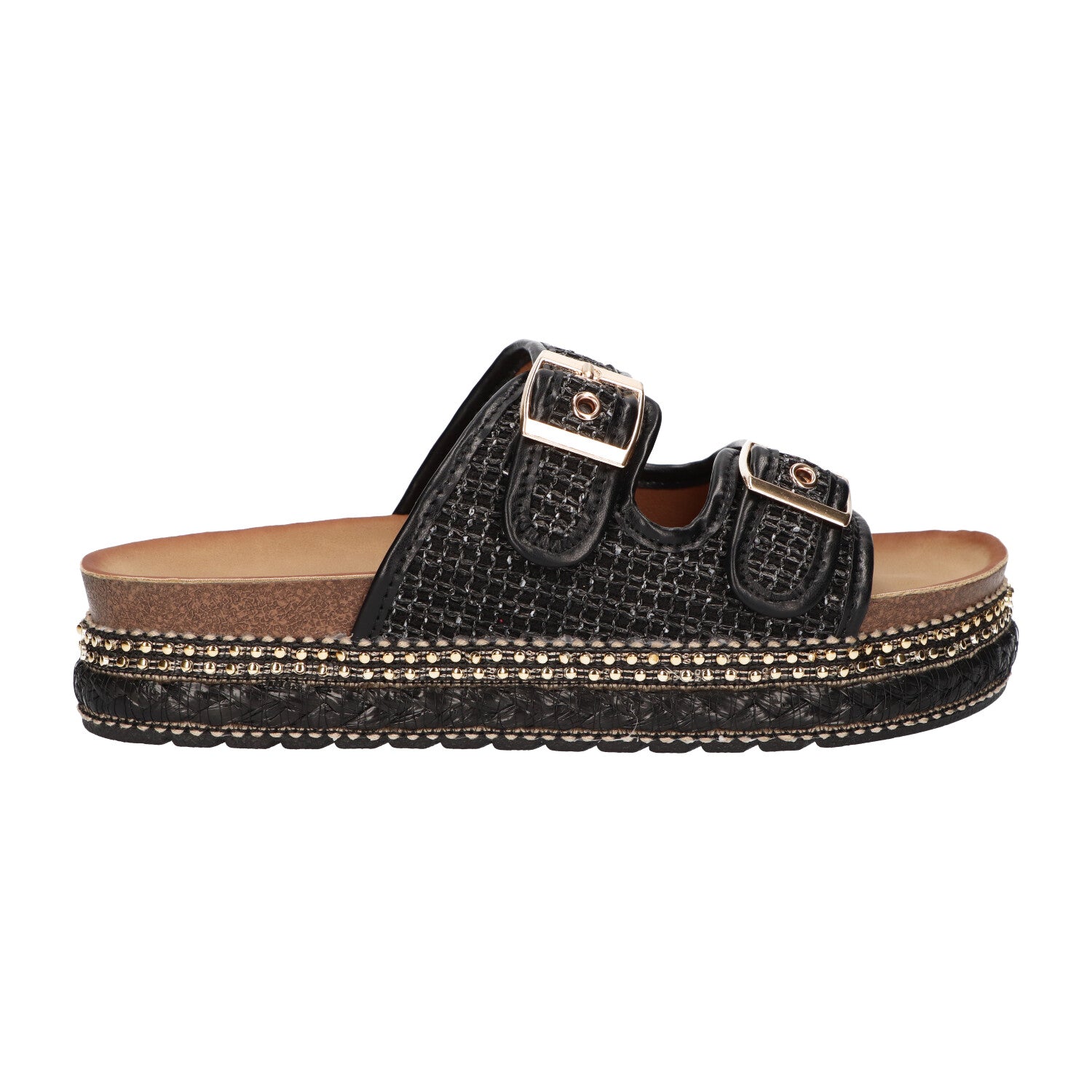 Platform slipper zwart textiel
