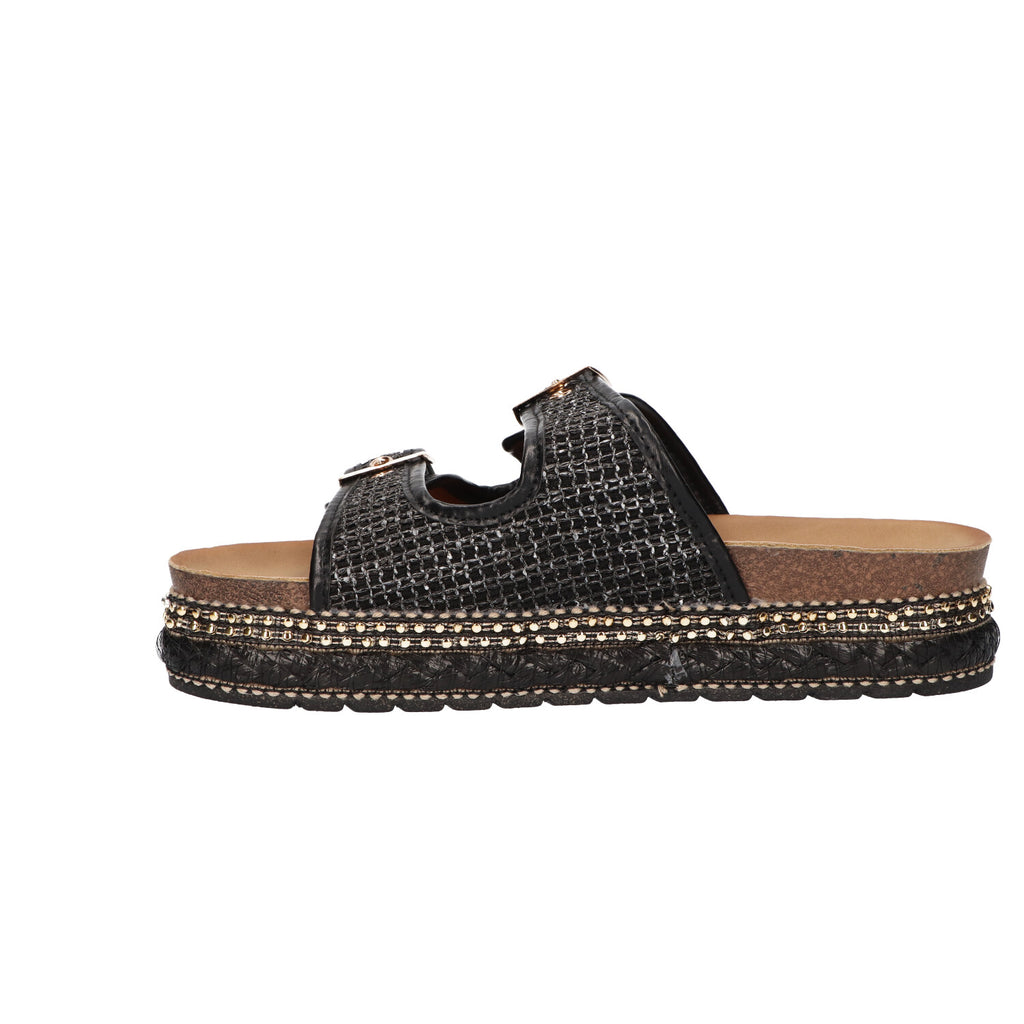 Platform slipper zwart textiel