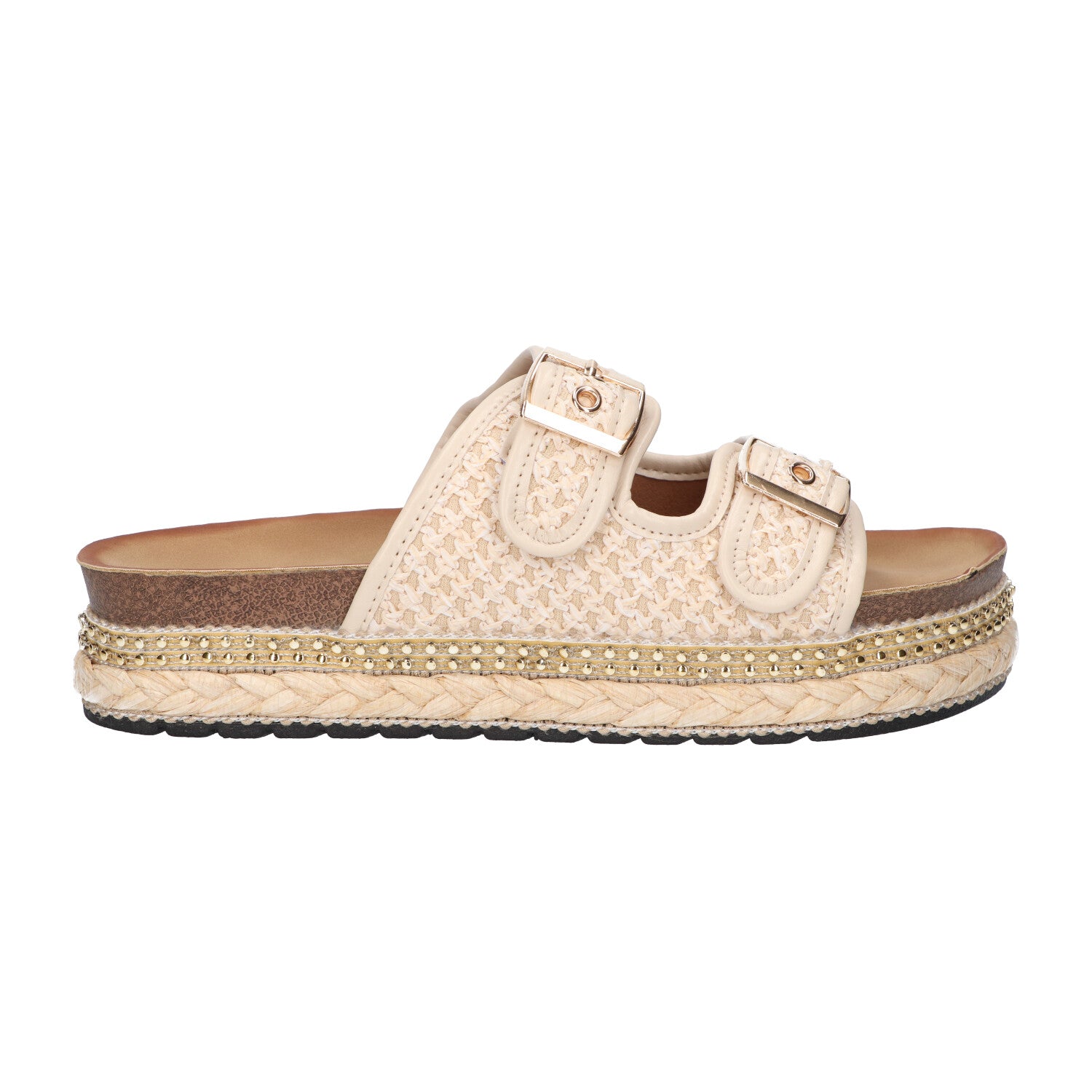 Platform slipper beige textiel
