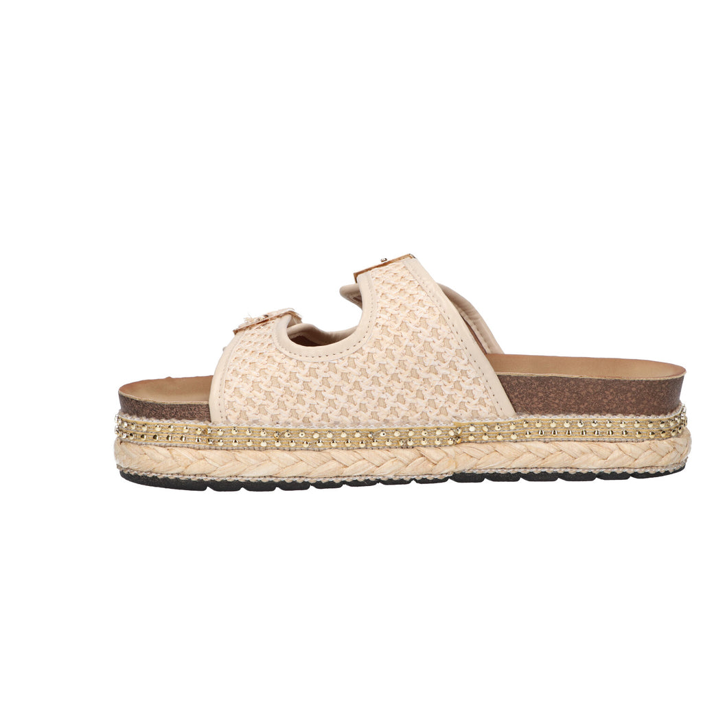 Platform slipper beige textiel