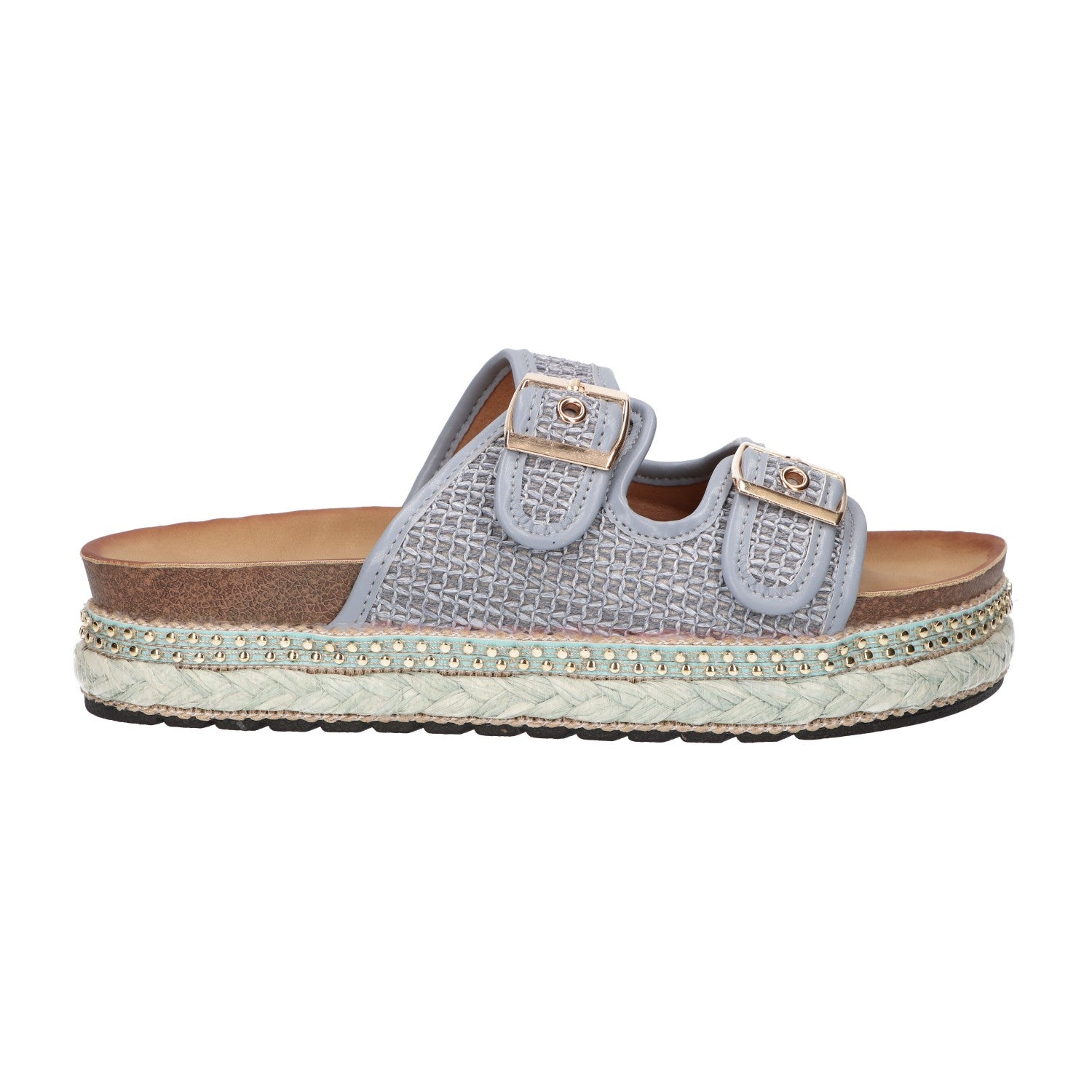 Platform slipper lichtblauw textiel