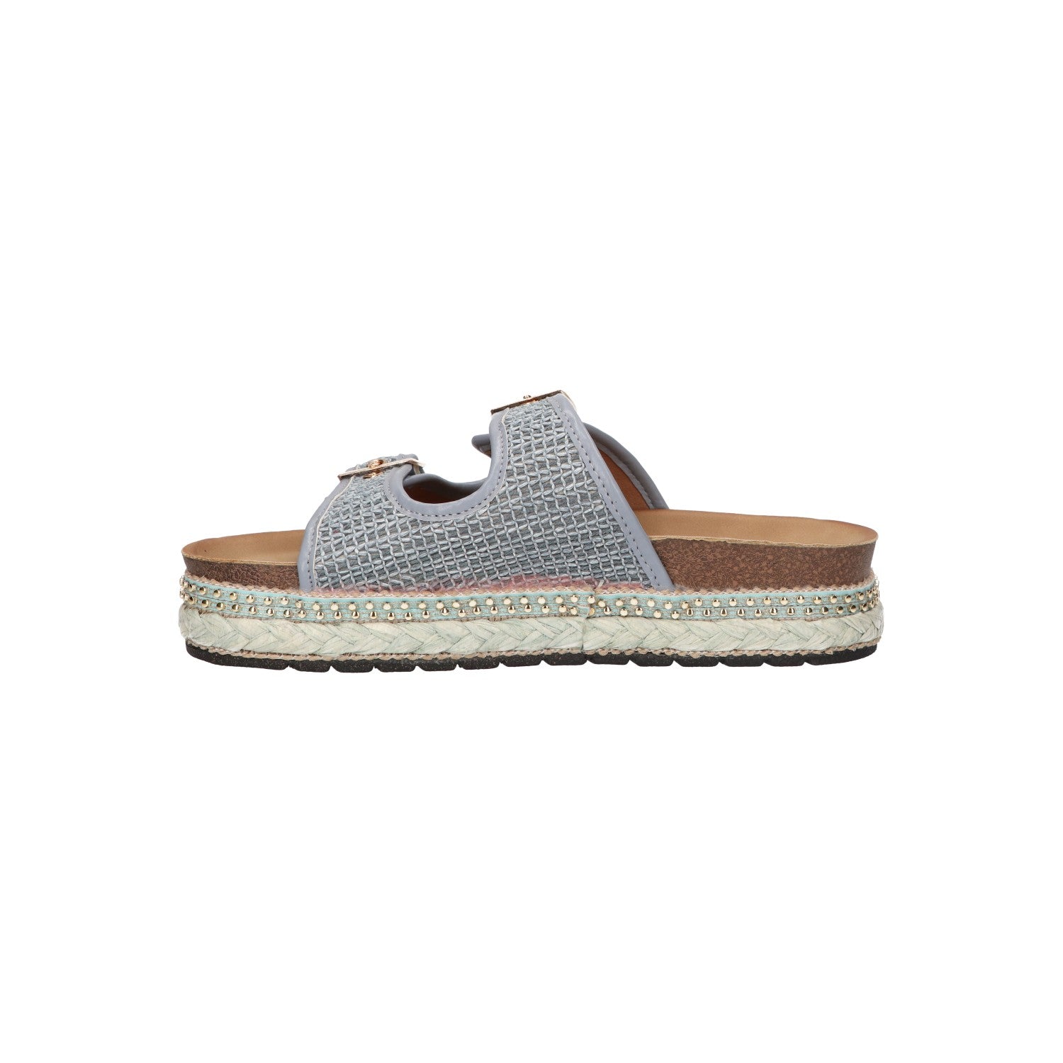 Platform slipper lichtblauw textiel