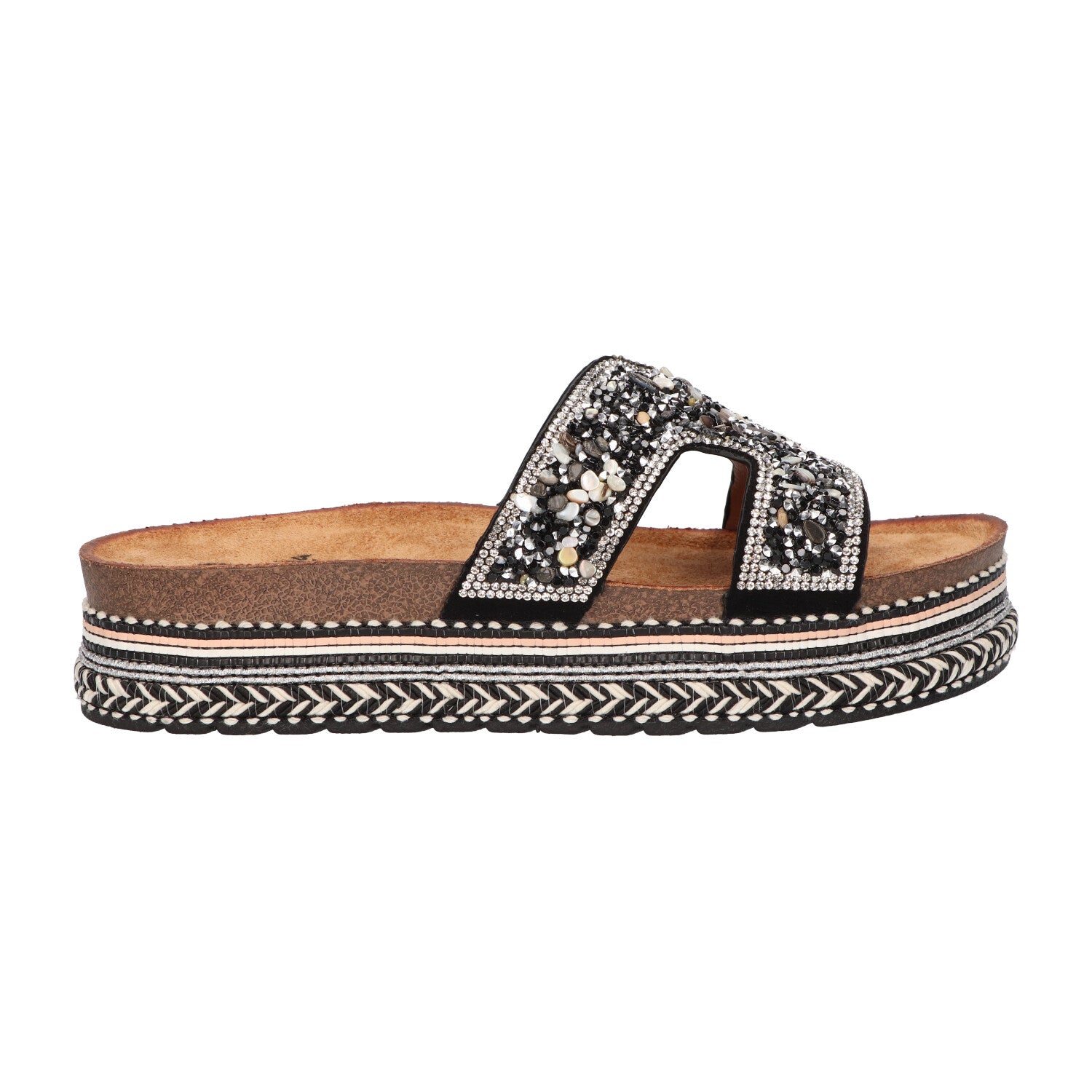 Platform slipper zwart textiel