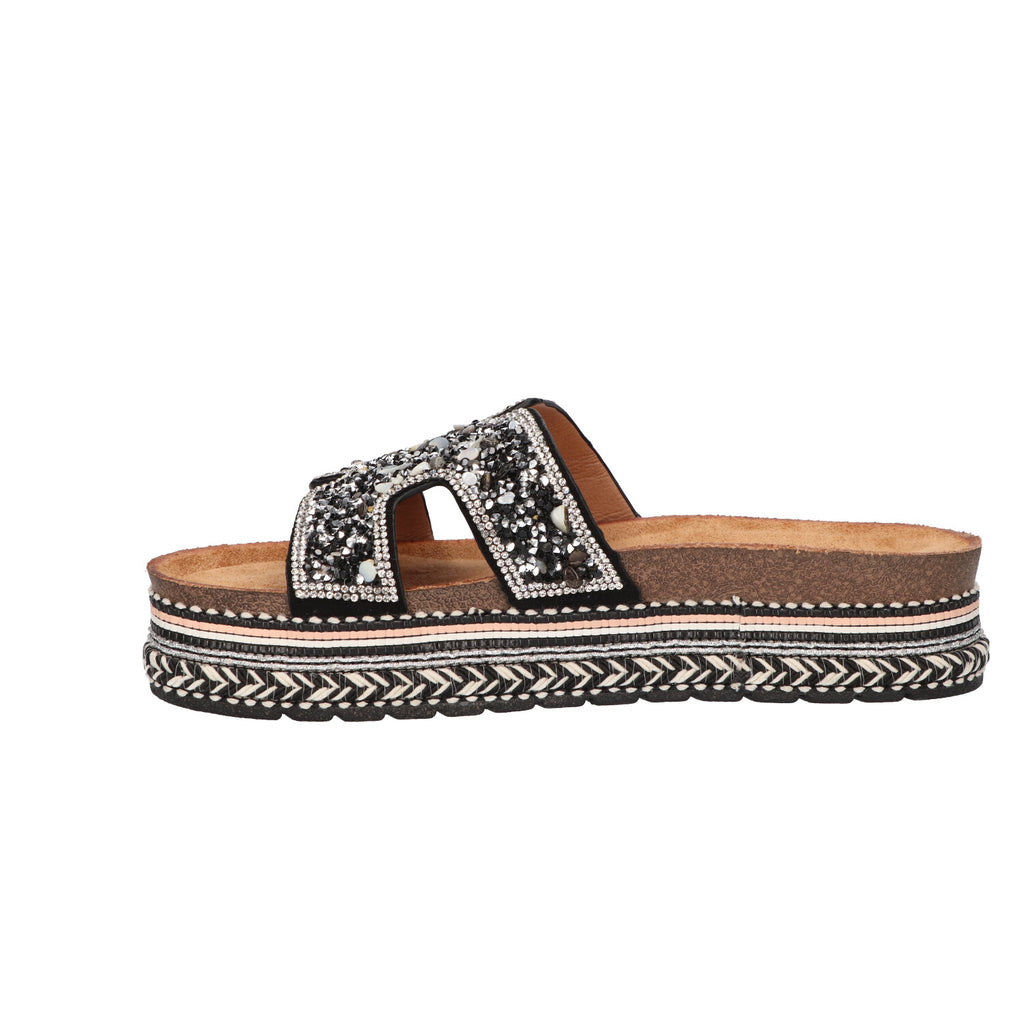 Platform slipper zwart textiel