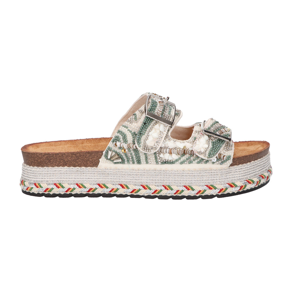 Platform slipper groen textiel
