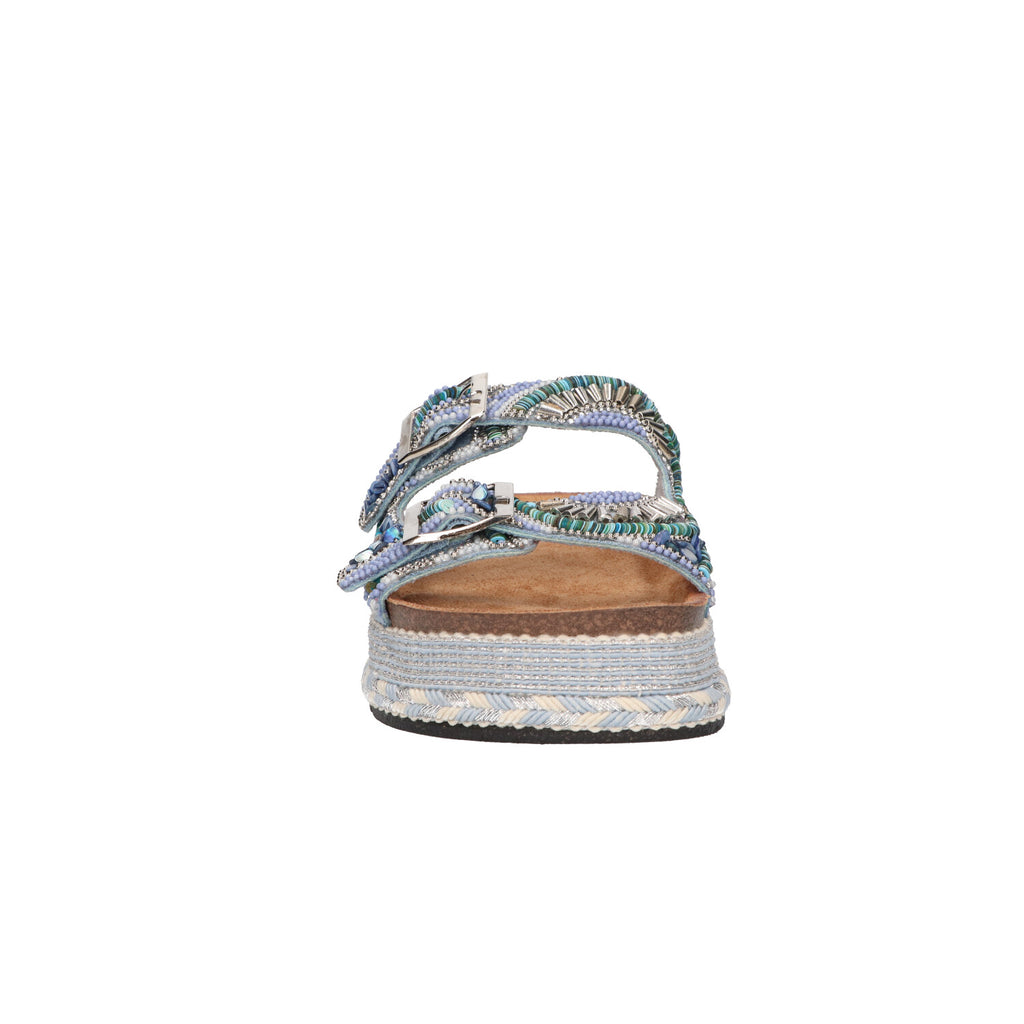 Platform slipper blauw textiel