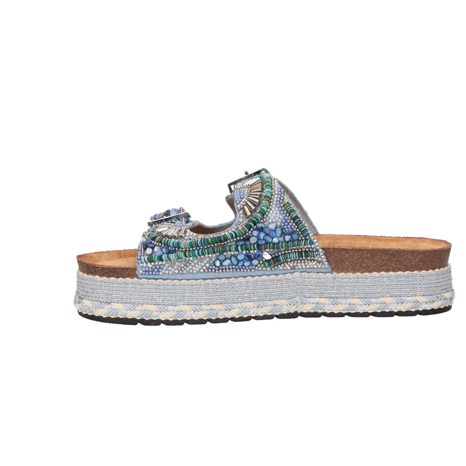 Platform slipper blauw textiel