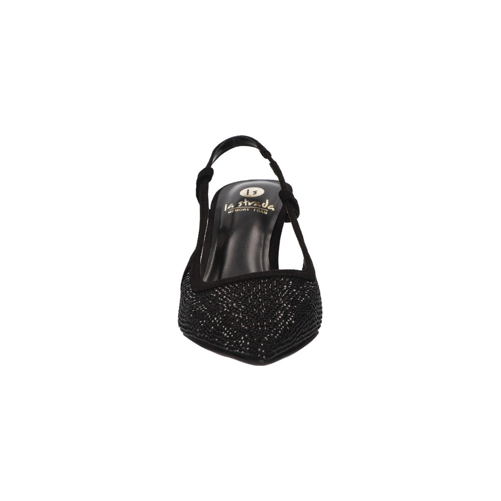Zwarte slingback voor dames met glittersteentjes, puntige neus en comfortabel memory foam voetbed van La Strada.