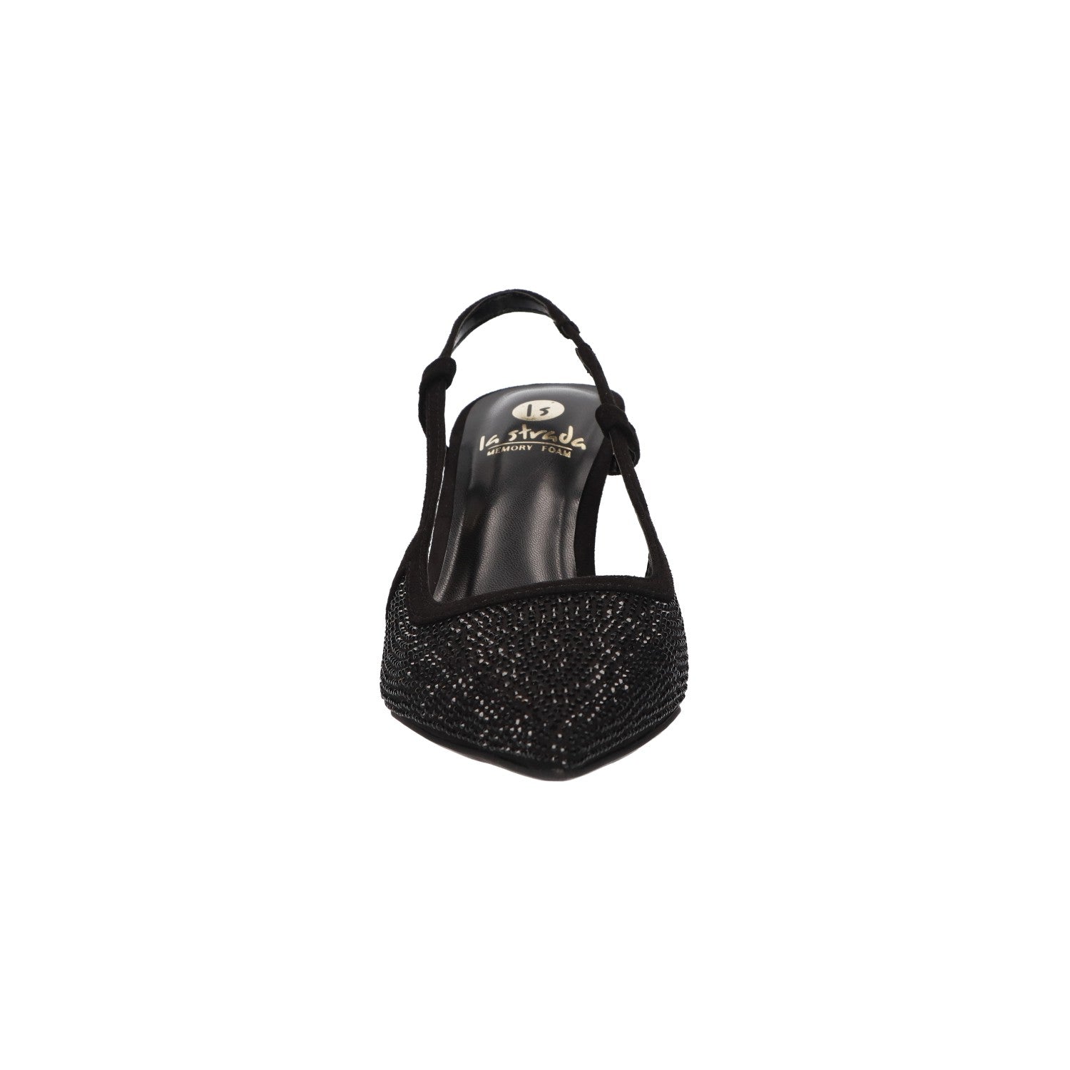 Zwarte slingback voor dames met glittersteentjes, puntige neus en comfortabel memory foam voetbed van La Strada.