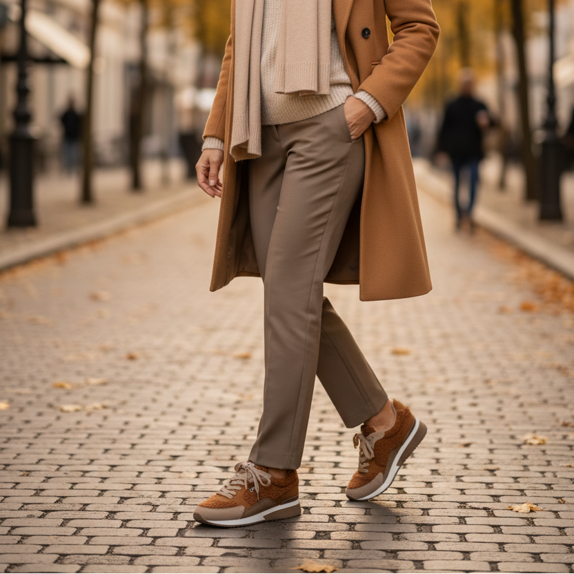 Sand/taupe winter sneaker voor dames met teddy- en microafwerking, memory foam voetbed en vetersluiting van La Strada.