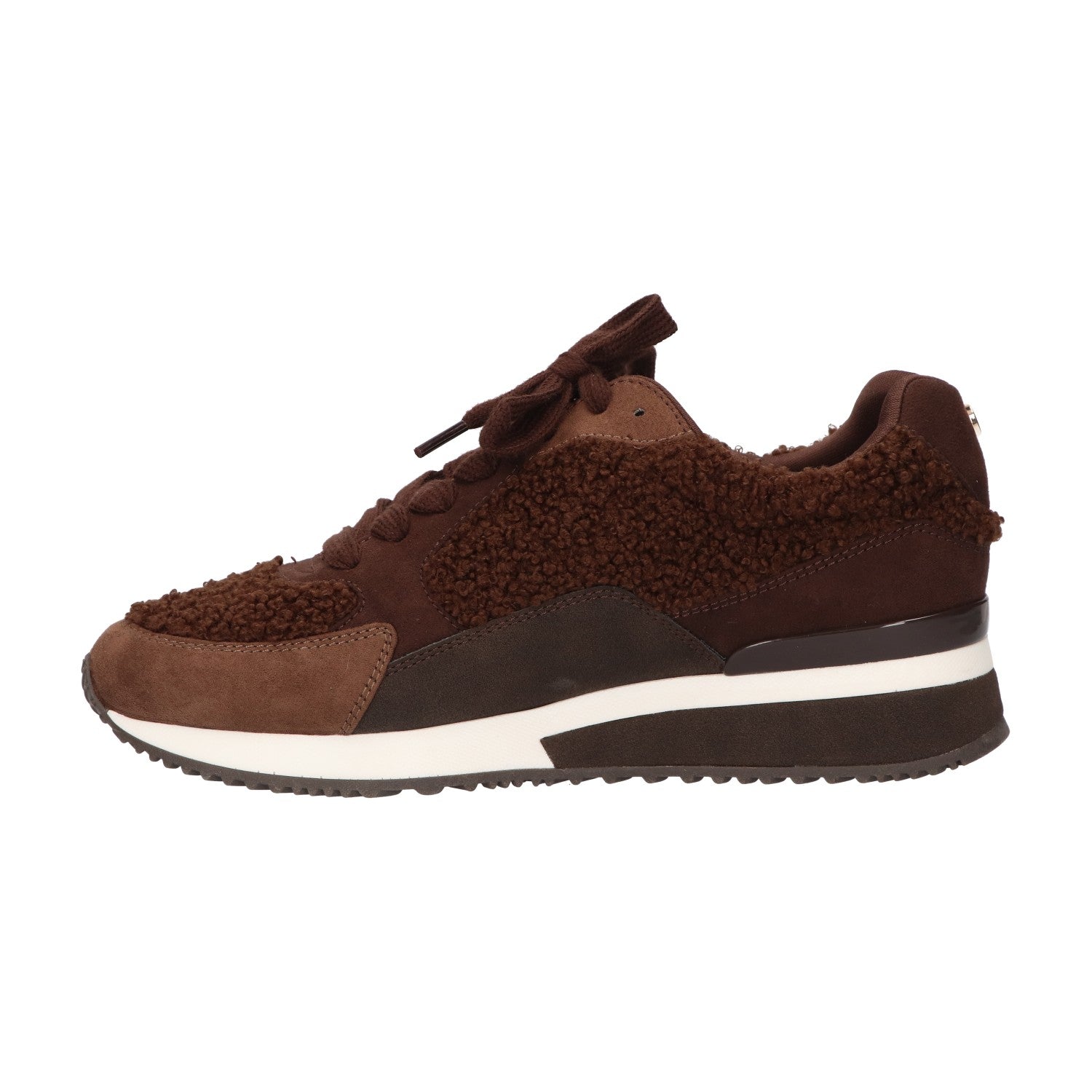 Bruine winter sneaker voor dames met teddy- en microafwerking, memory foam voetbed en vetersluiting van La Strada.