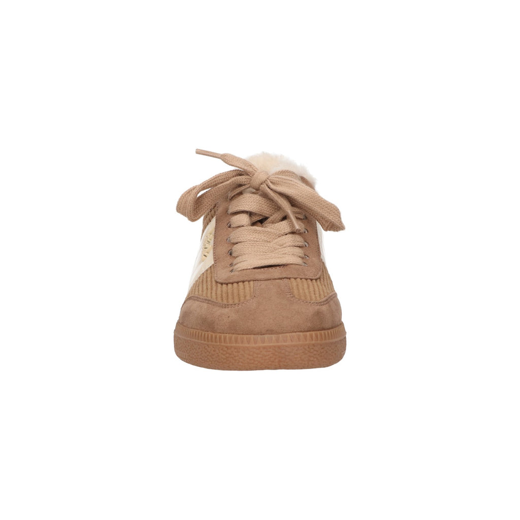 Taupekleurige winter sneaker voor dames met zachte bontafwerking en memory foam voetbed.