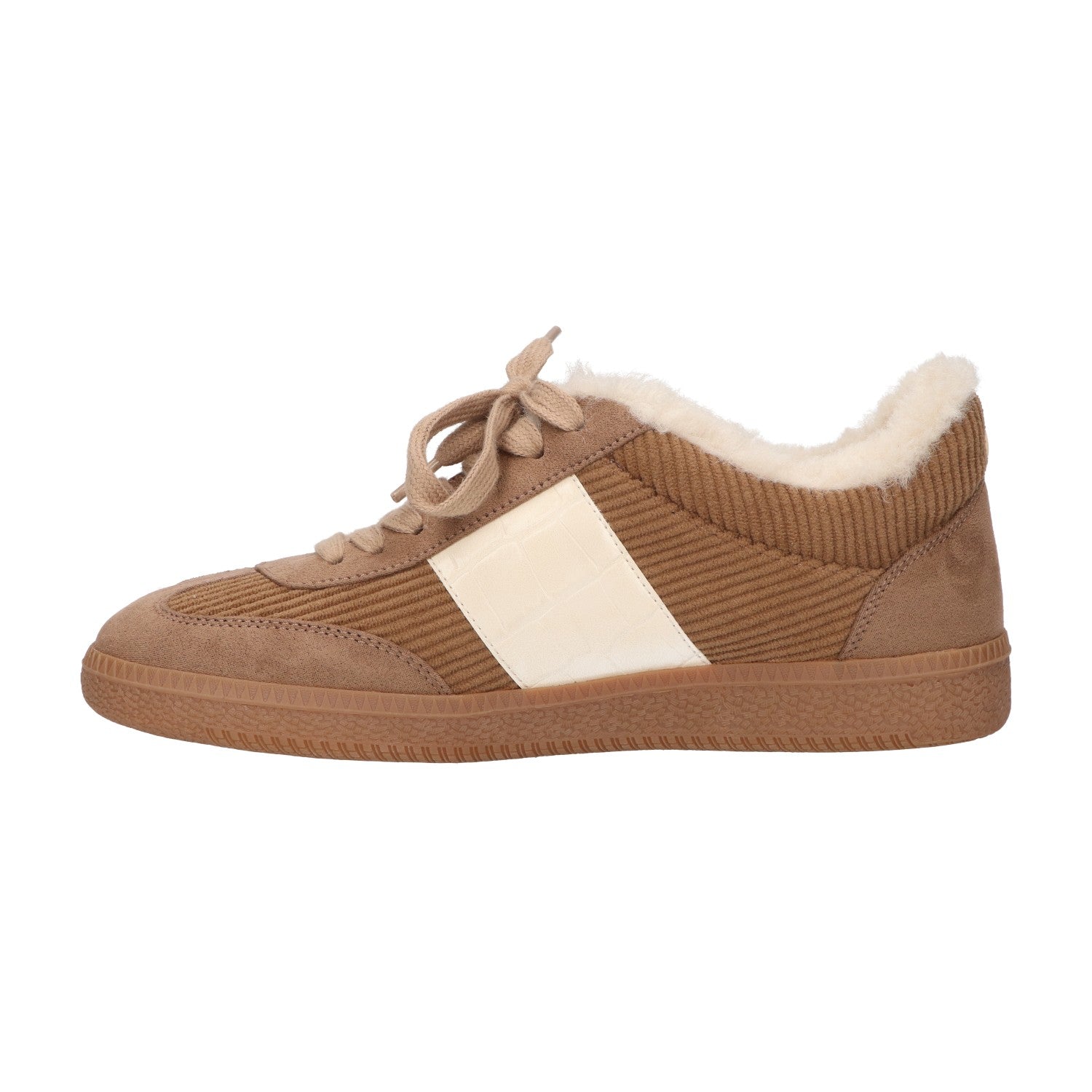 Taupekleurige winter sneaker voor dames met zachte bontafwerking en memory foam voetbed.