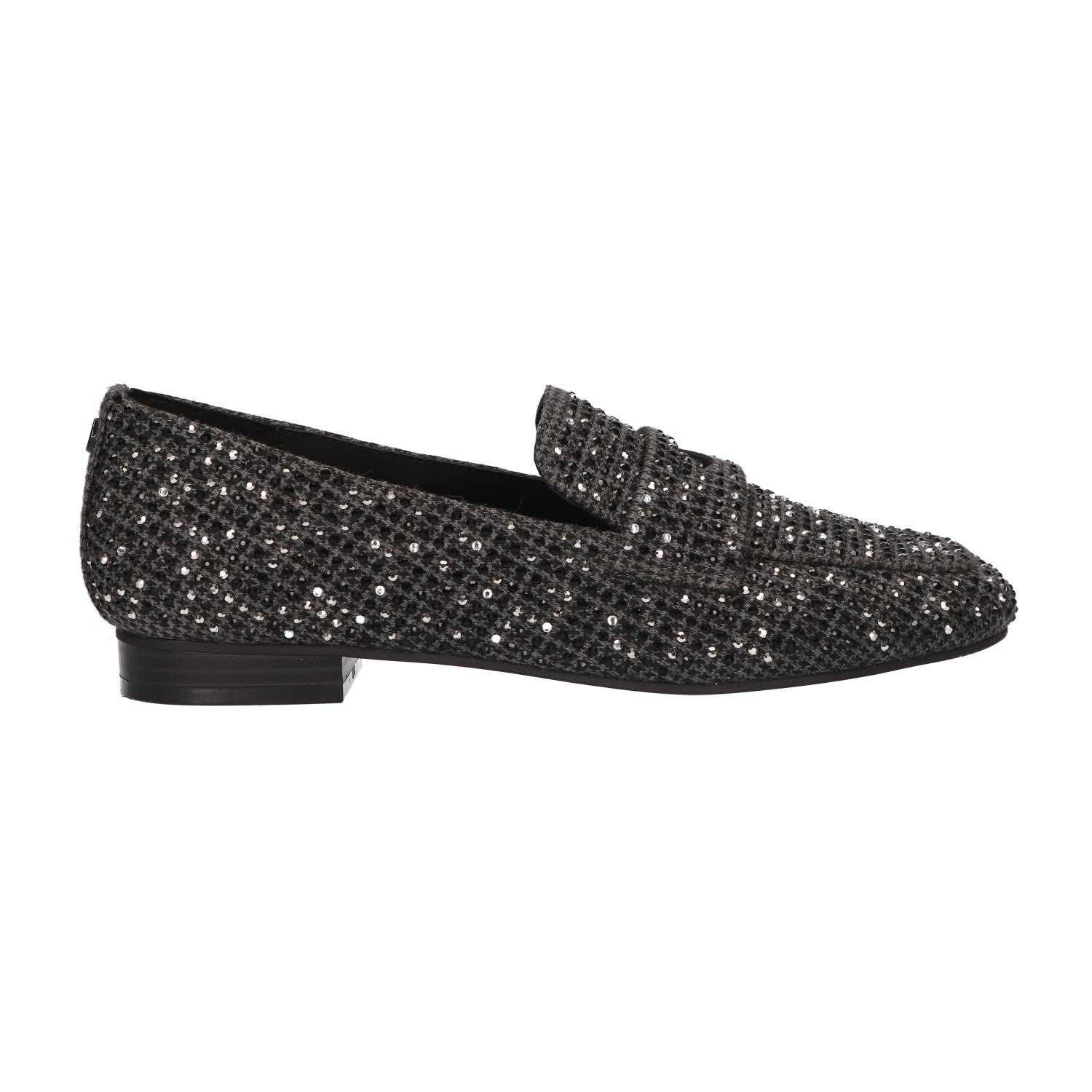 Zwarte dames loafer met glinsterende steentjes, textielen bovenwerk en memory foam voetbed van La Strada.