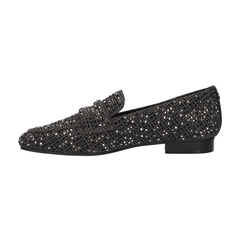 Zwarte dames loafer met glinsterende steentjes, textielen bovenwerk en memory foam voetbed van La Strada.