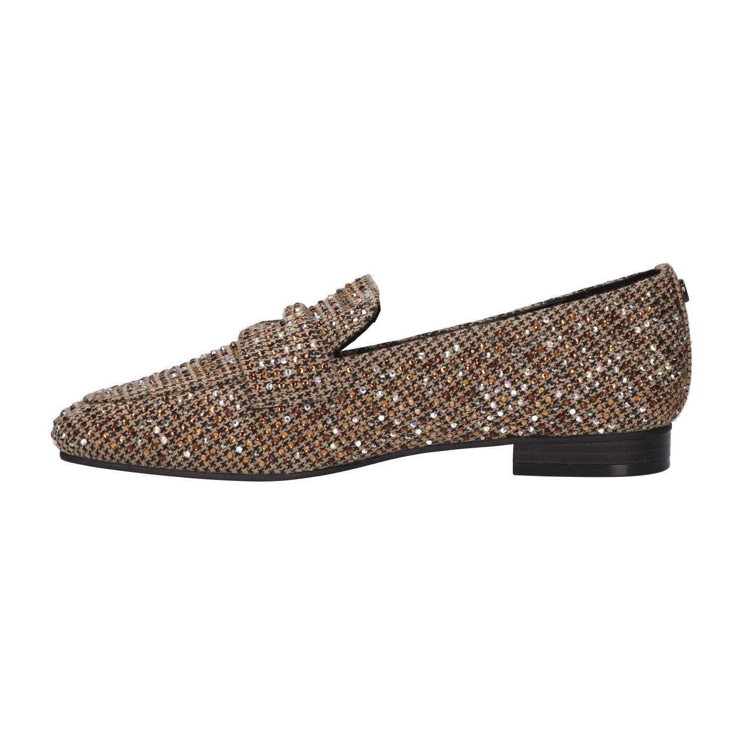Taupekleurige dames loafer met glinsterende steentjes, textielen bovenwerk en memory foam voetbed van La Strada.
