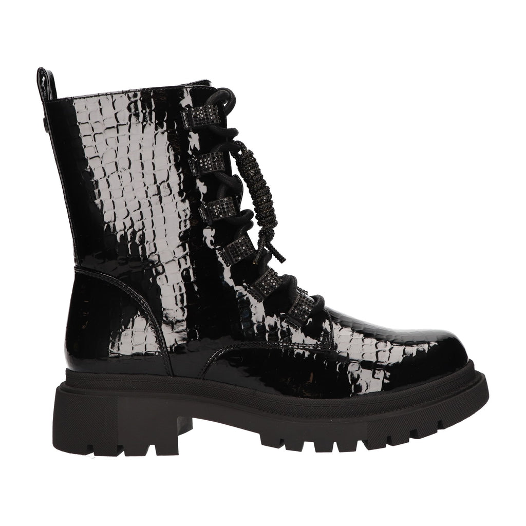 Zwarte lak veterboots met crocoprint