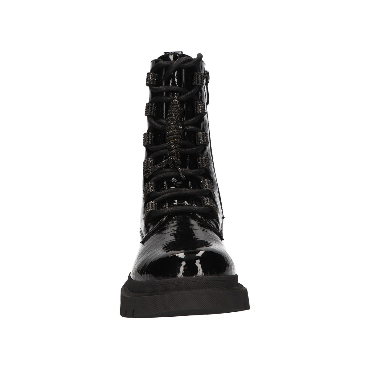 Zwarte lak veterboots met crocoprint