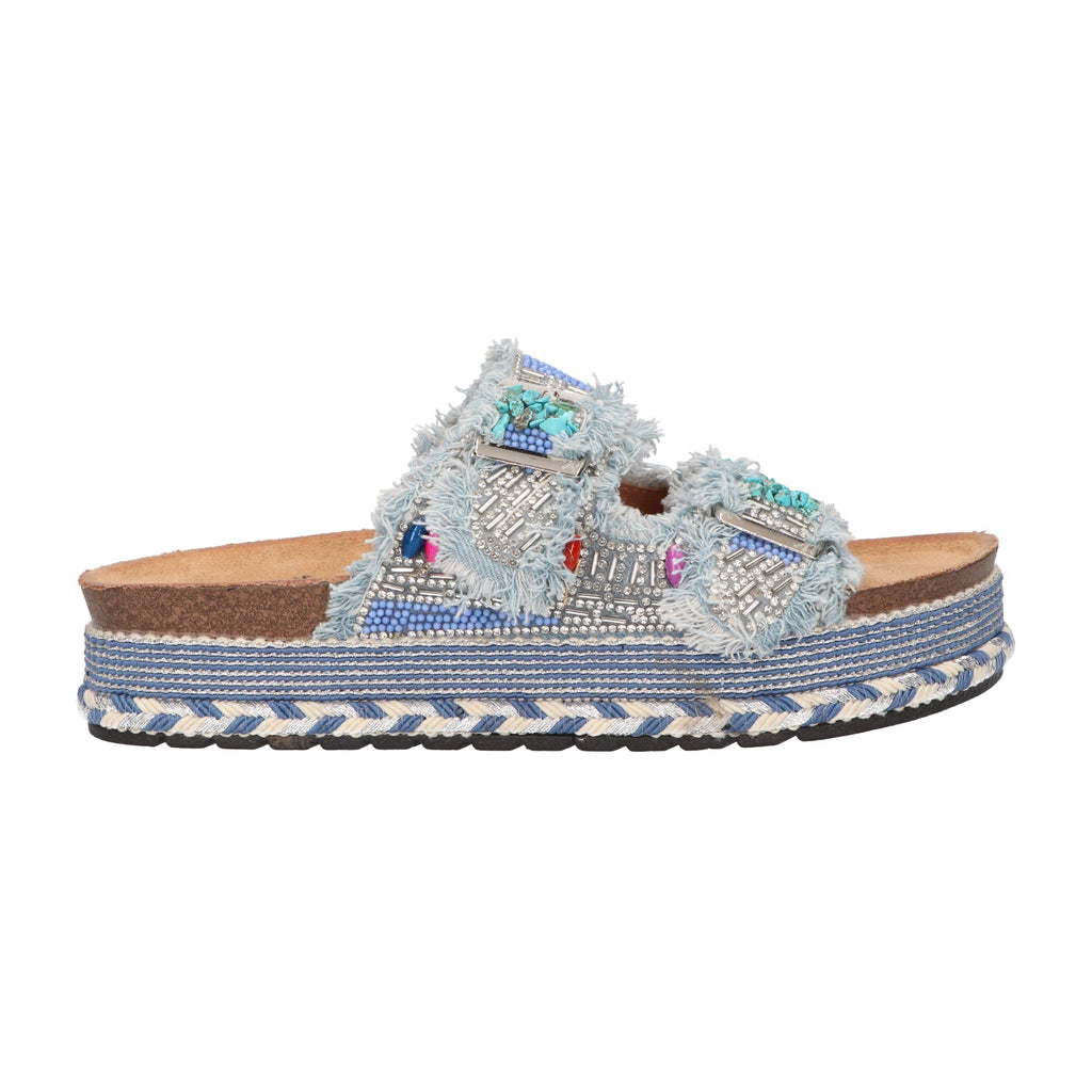 Platform slipper blauw textiel