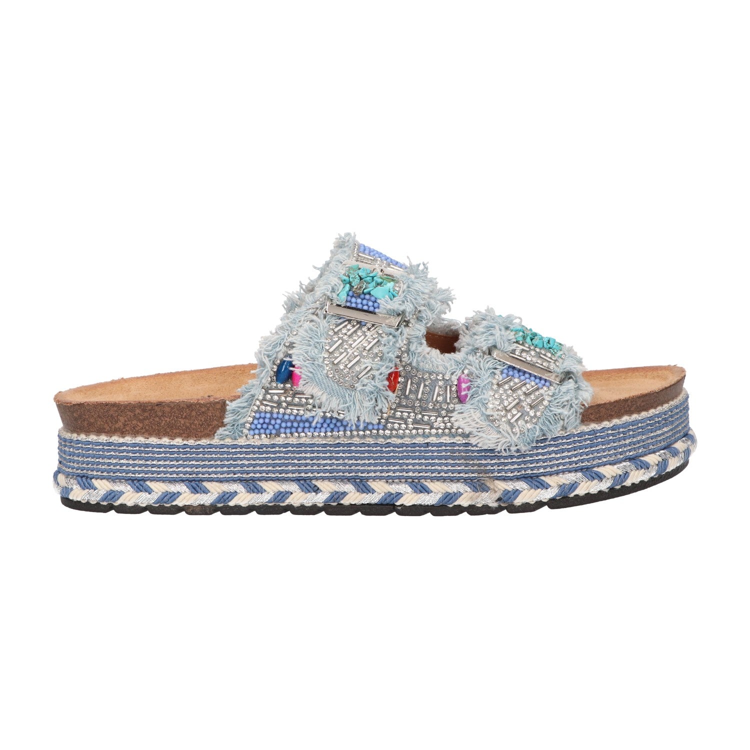 Platform slipper blauw textiel