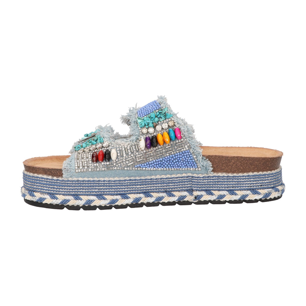 Platform slipper blauw textiel