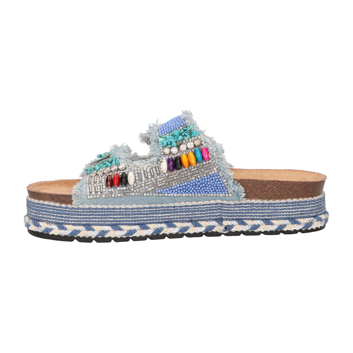 Platform slipper blauw textiel