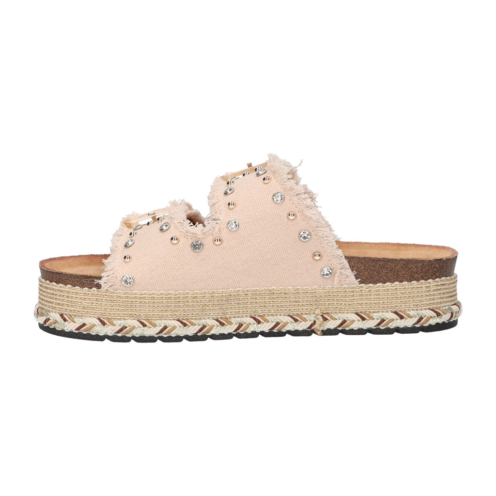 Platform slipper beige textiel