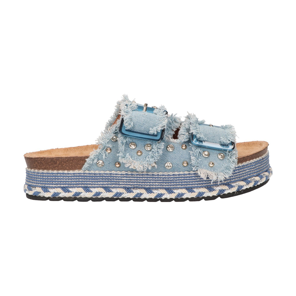 Platform slipper blauw textiel