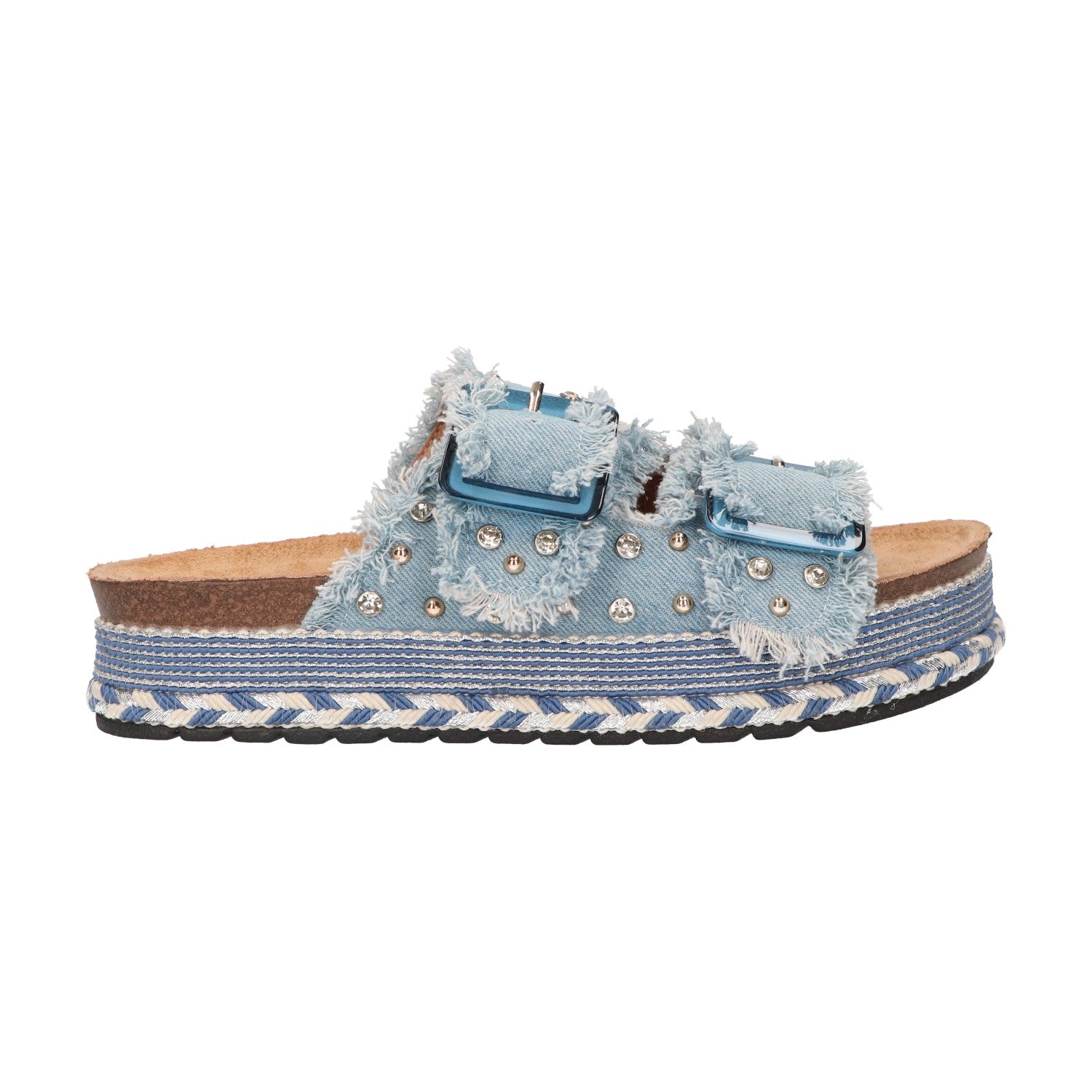 Platform slipper blauw textiel