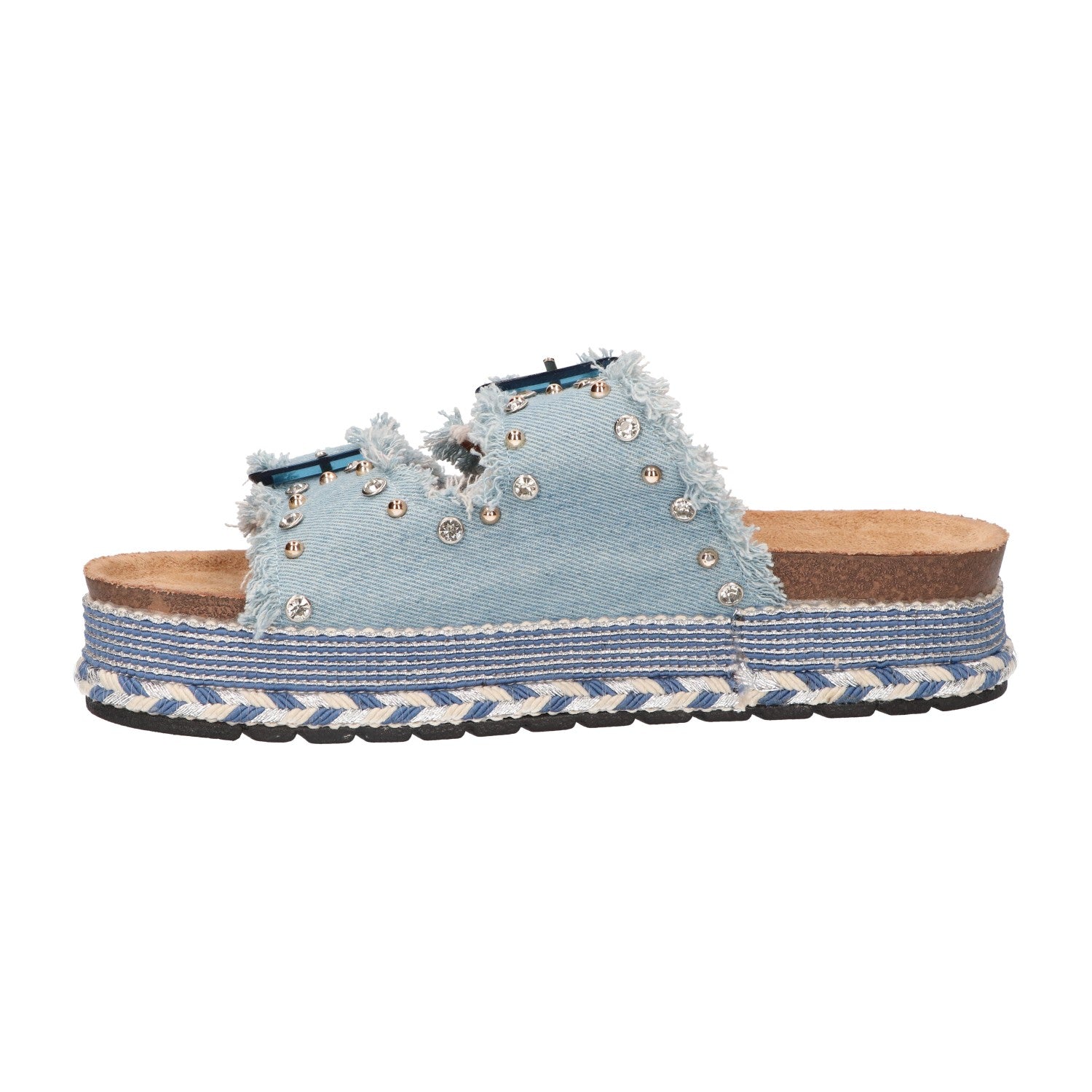 Platform slipper blauw textiel