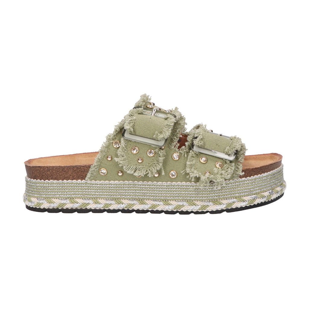 Platform slipper groen textiel