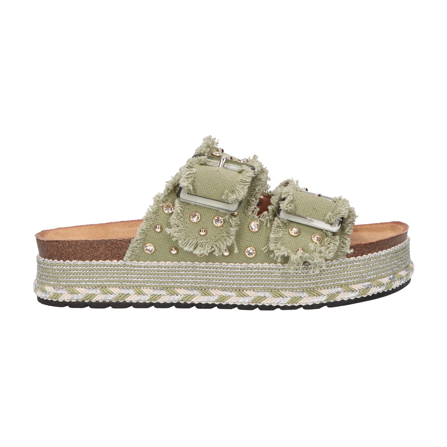 Platform slipper groen textiel